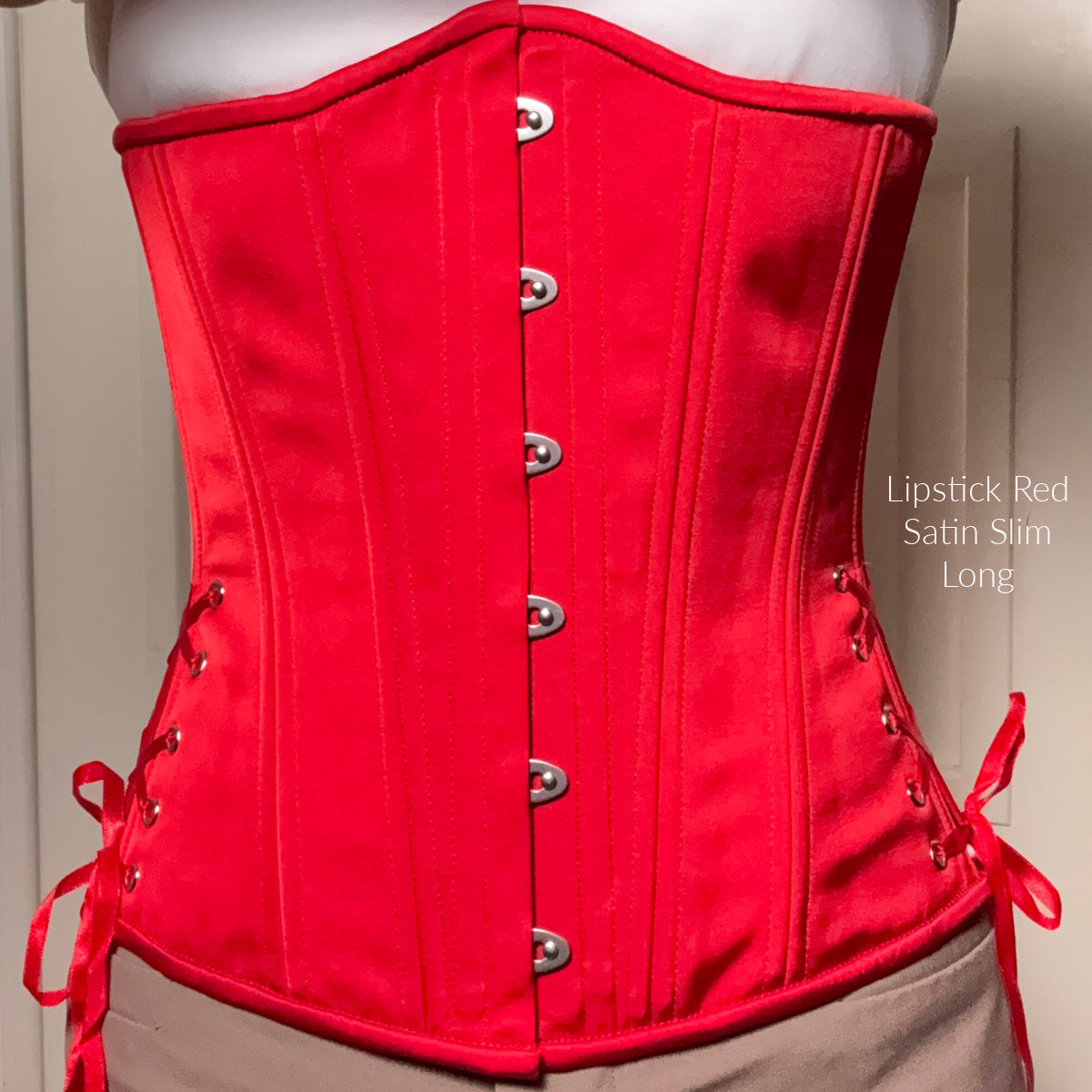 Lipstick Red Satin Corset, Slim Silhouette, Long