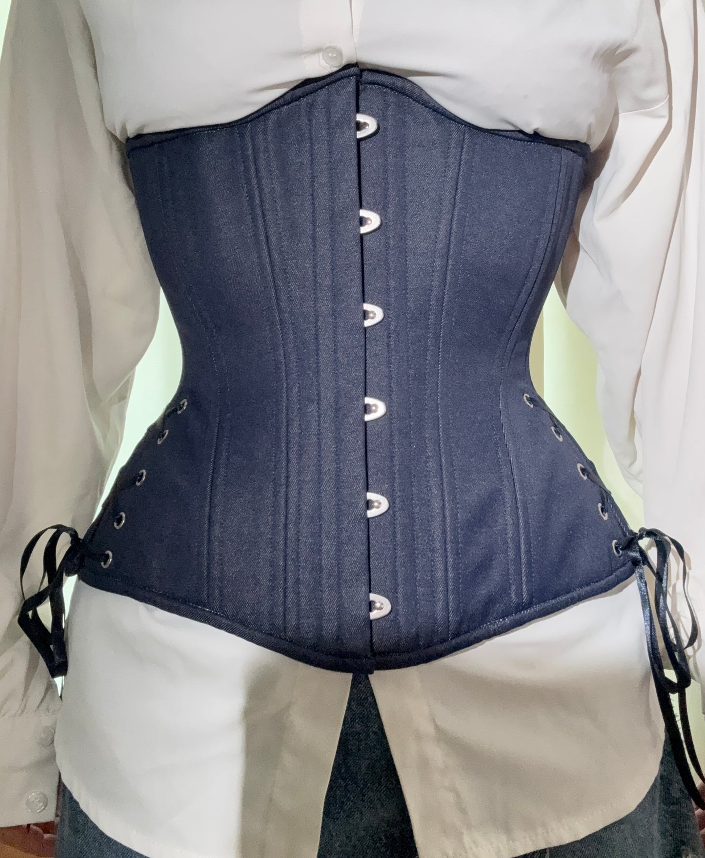 Dark Wash Denim Corset, Hourglass Silhouette, Long