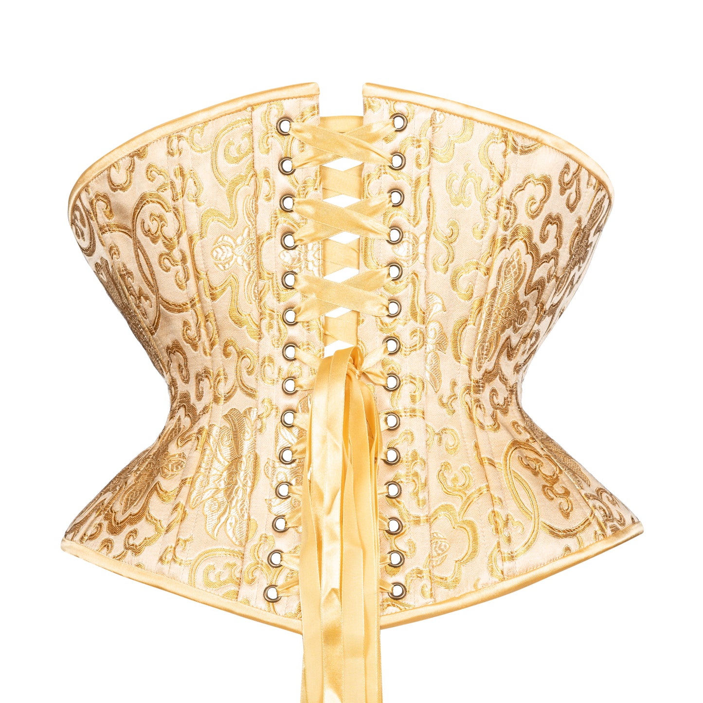 Sunkissed Gold Brocade corset, Libra silhouette, regular length, back view with gold ribbon lacing
