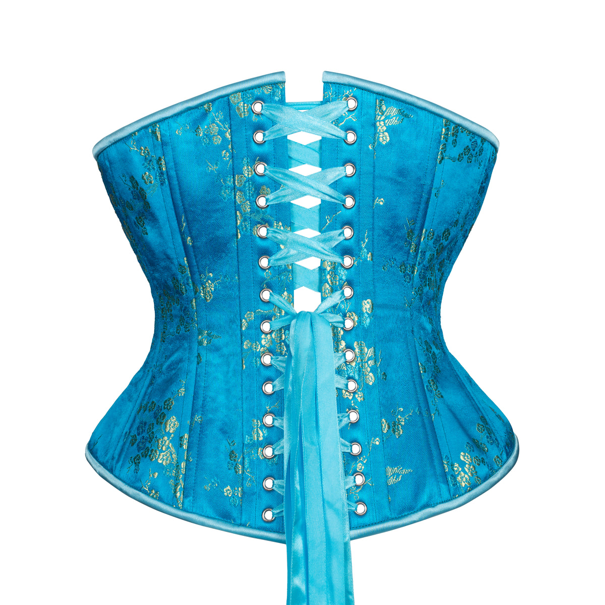 Back view of Ocean Cherry Blossom Novice Corset, Hourglass Silhouette, Regular with blue ribbon lacing