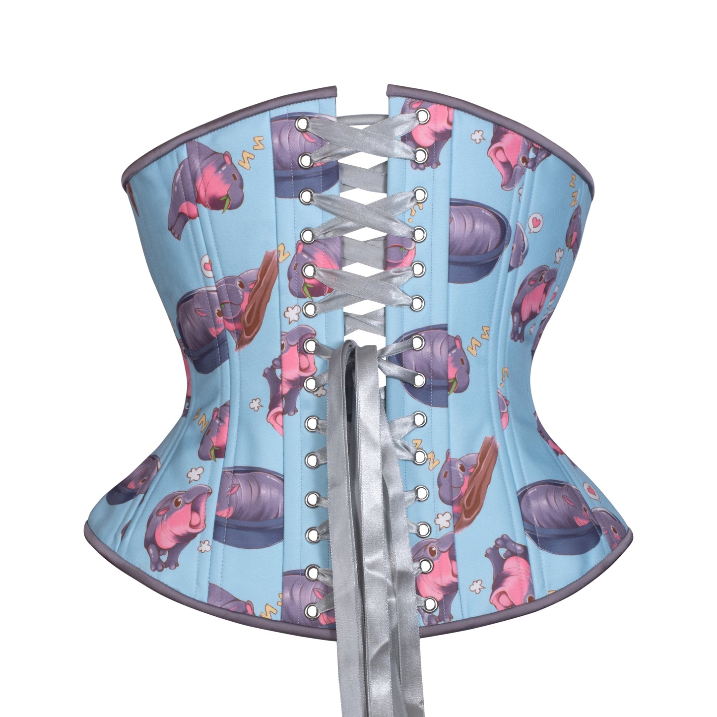 Back view of the Happy Hippos Novice Corset, Hourglass Silhouette (Regular, Moo-Deng/Baby Hippo), featuring gray ribbon lacing.