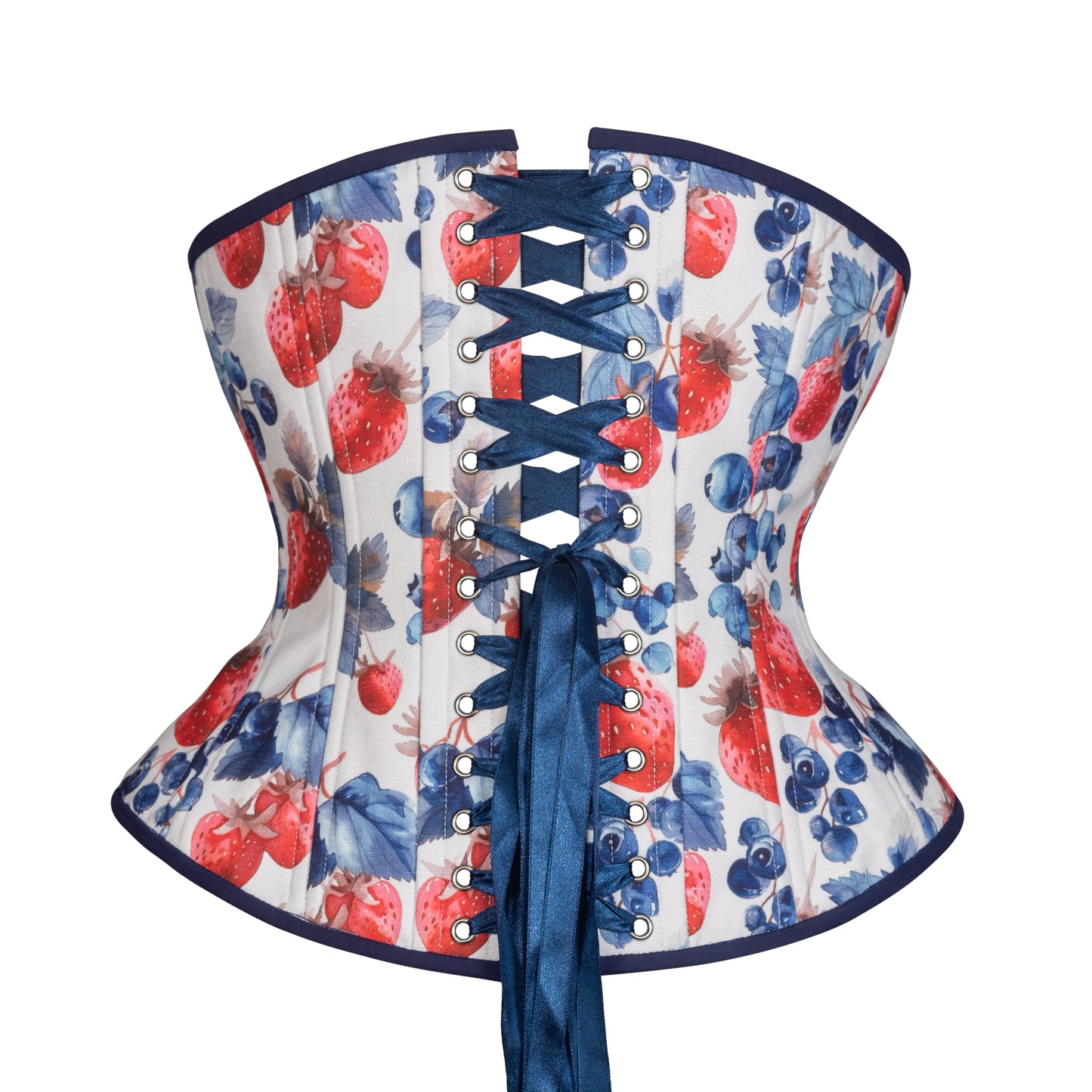 Berry Sweet Cotton Corset, Hourglass Silhouette, Regular length, back view with navy blue ribbon lacing