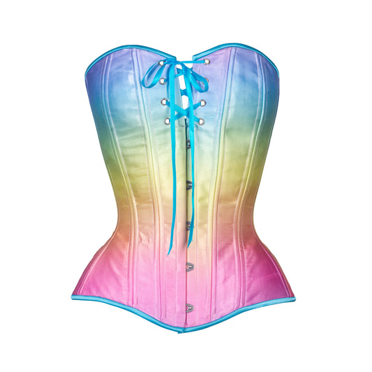 Rainbow Satin, Overbust Corset, Hourglass Silhouette, Regular