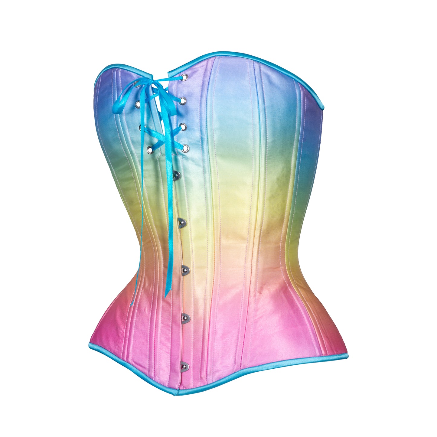 Rainbow Satin, Overbust Corset, Hourglass Silhouette, Regular