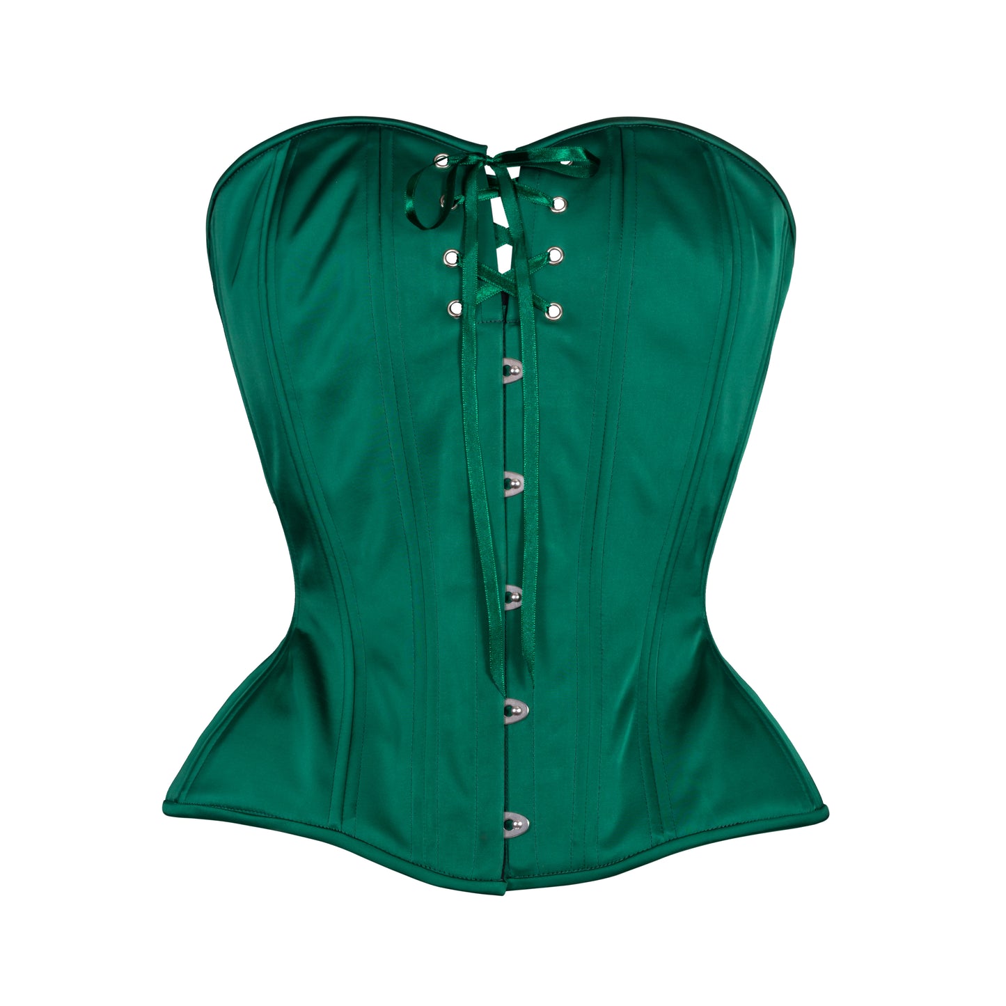 Deep Forest Green satin overbust corset with front bust lacing and a high back.