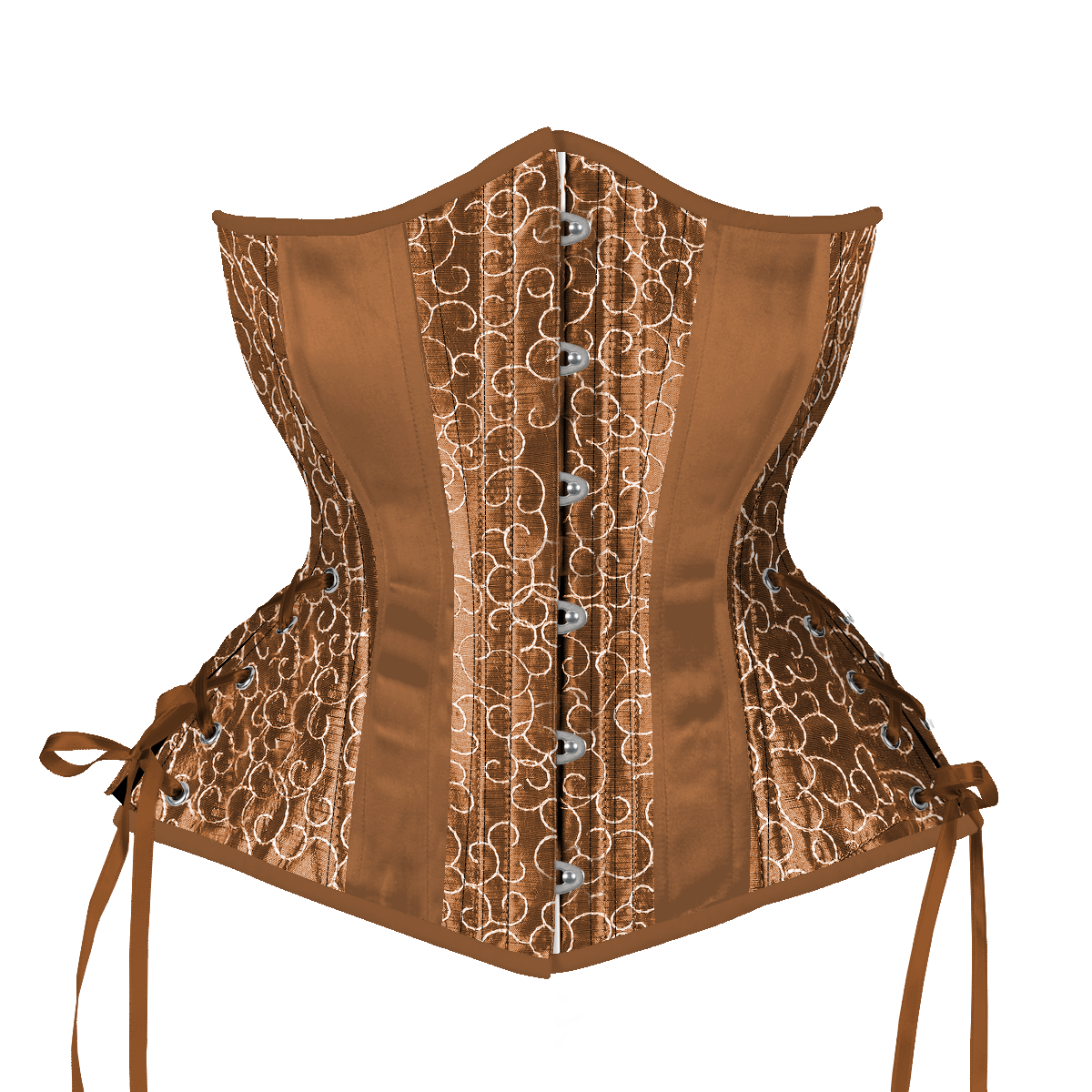 Hourglass Longline embroidered brown underbust corset with hip ties, front view