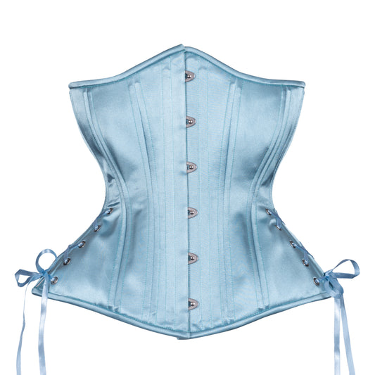 Steely Blue Satin Corset, Hourglass Silhouette, Long