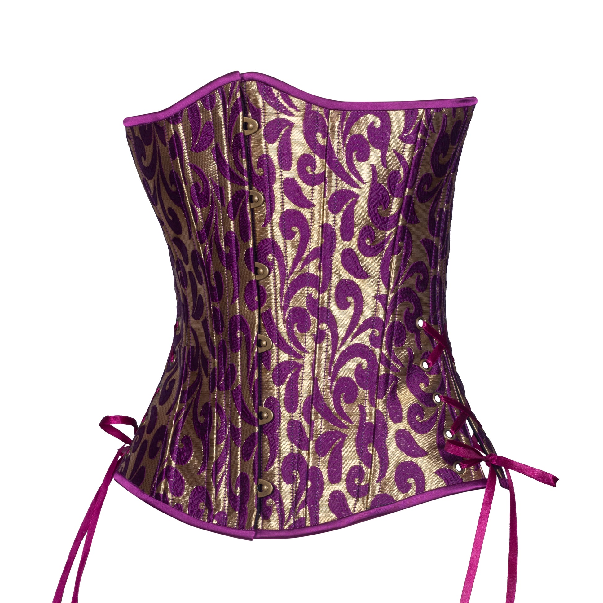 Purple and gold patterned corset on a white background