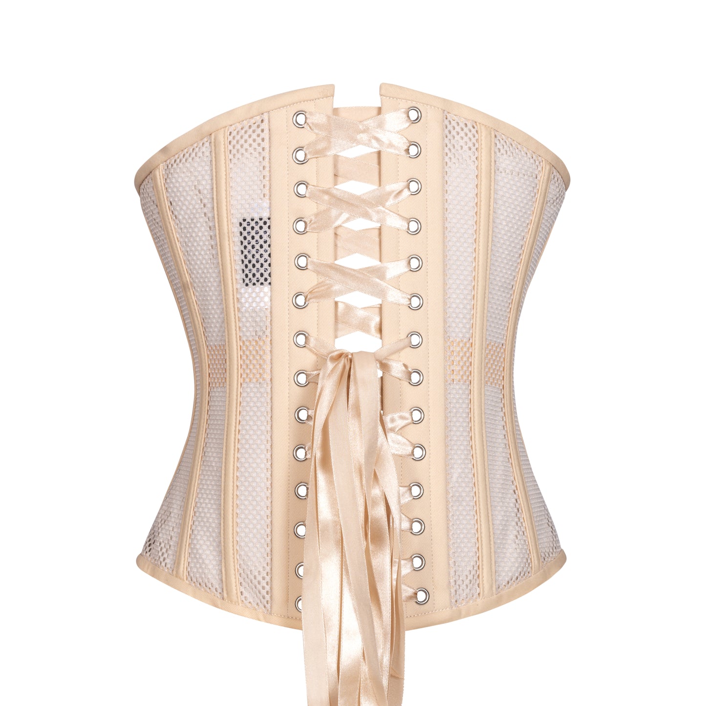 A corset with beige open sports mesh panels, with beige cotton front and back panels, and beige cotton boning channels and trim, slim silhouette, regular underbust length, back view with beige ribbon lacing