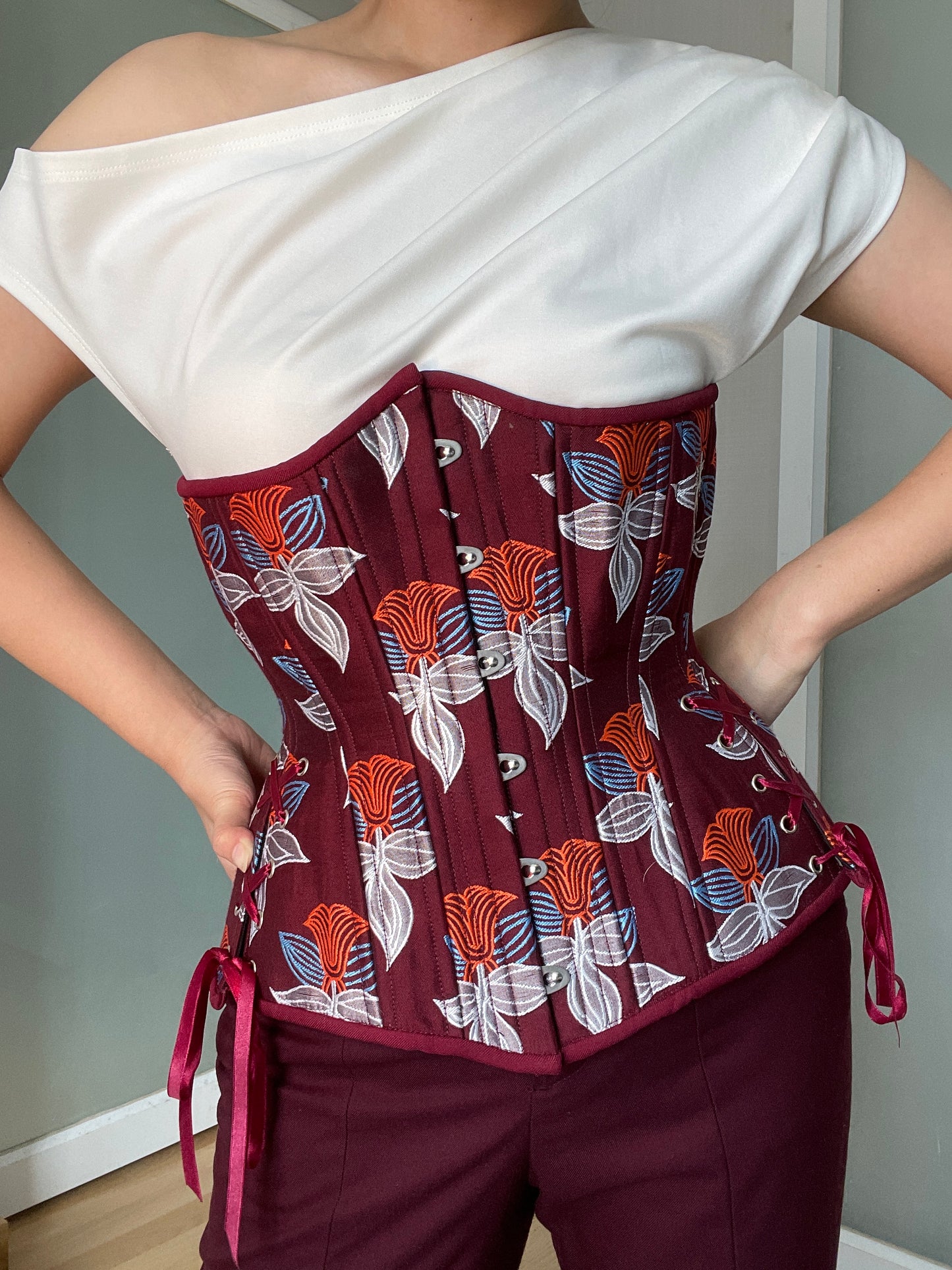 Burgundy with Flowers Corset, Hourglass Silhouette, Long
