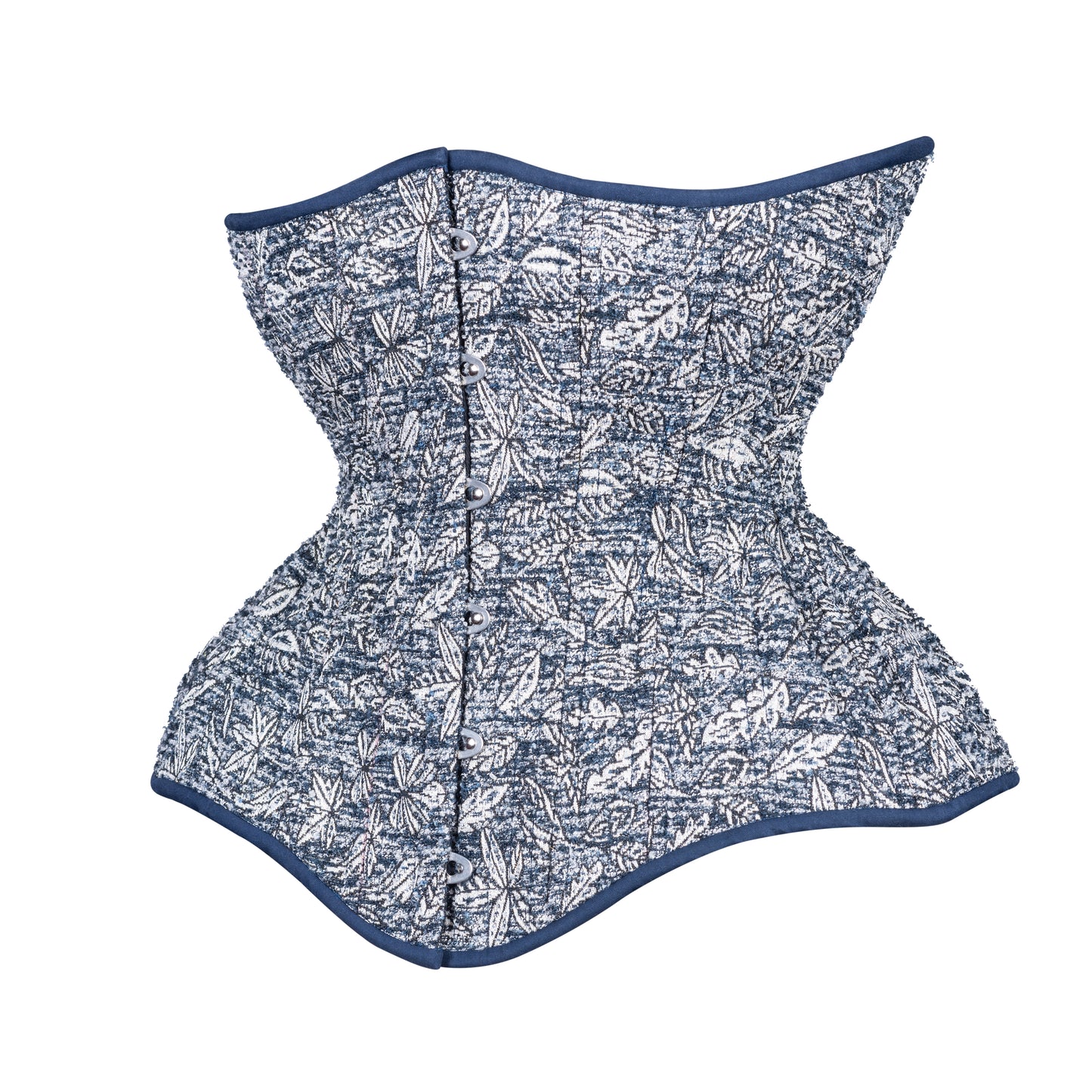 Silver Leaves on Blue Cupped Corset, Gemini Silhouette, Long** PHOTO SAMPLE, ONLY SIZE 22 IS AVAILABLE