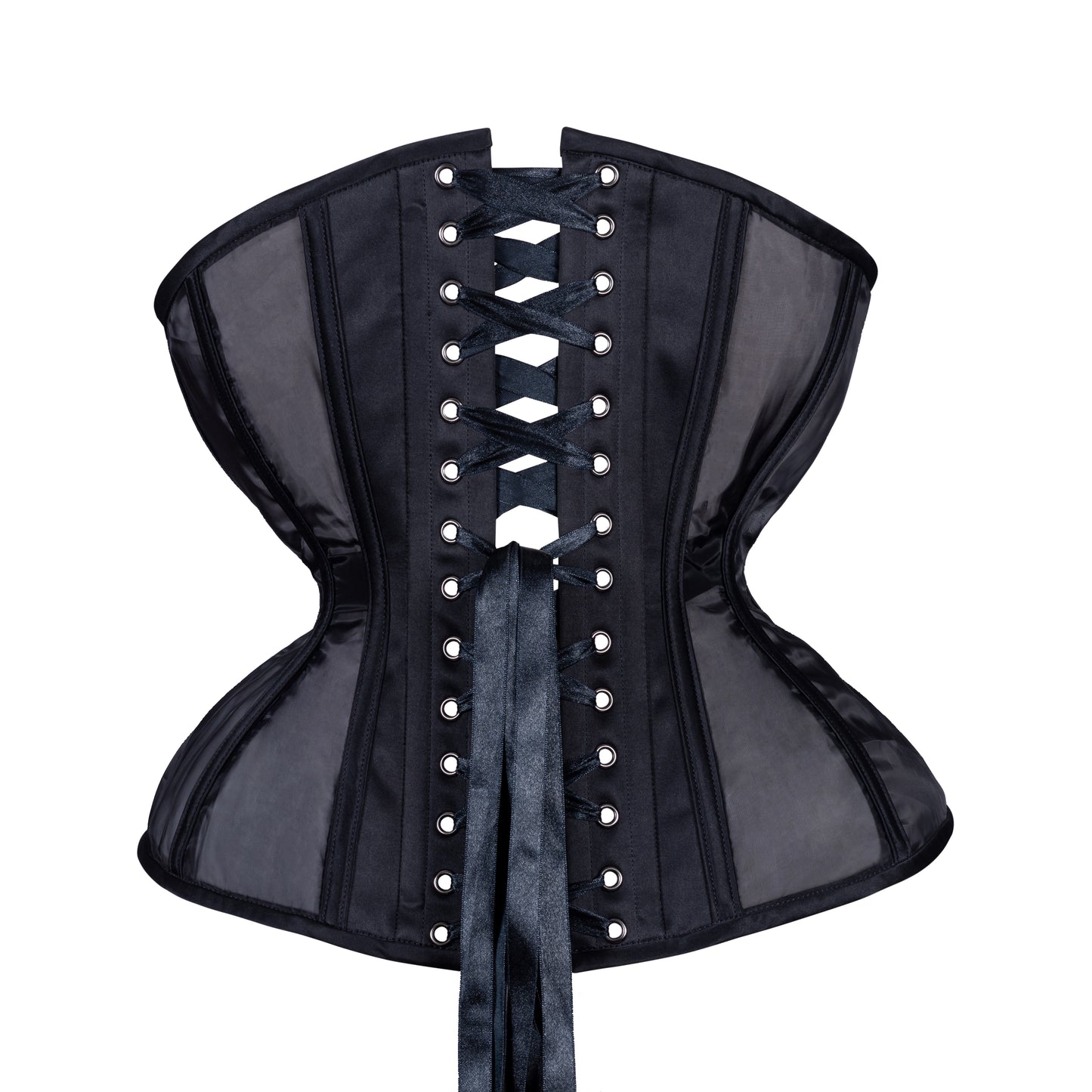 Black Fine Mesh Corset, curvy Gemini cupped rib silhouette, regular underbust length, back view with black ribbon lacing