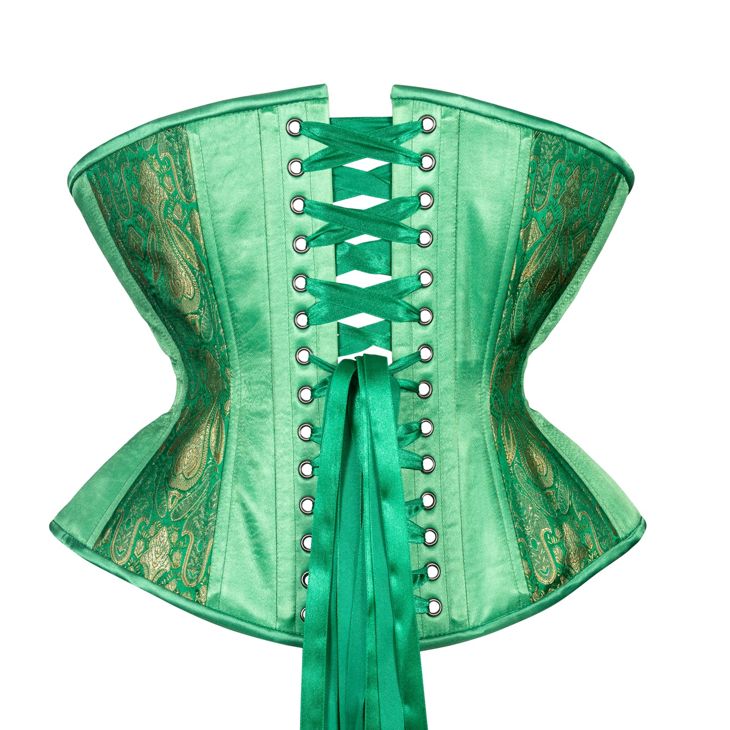 Emerald and gold brocade corset, Libra silhouette, regular underbust length, back view with green ribbon lacing