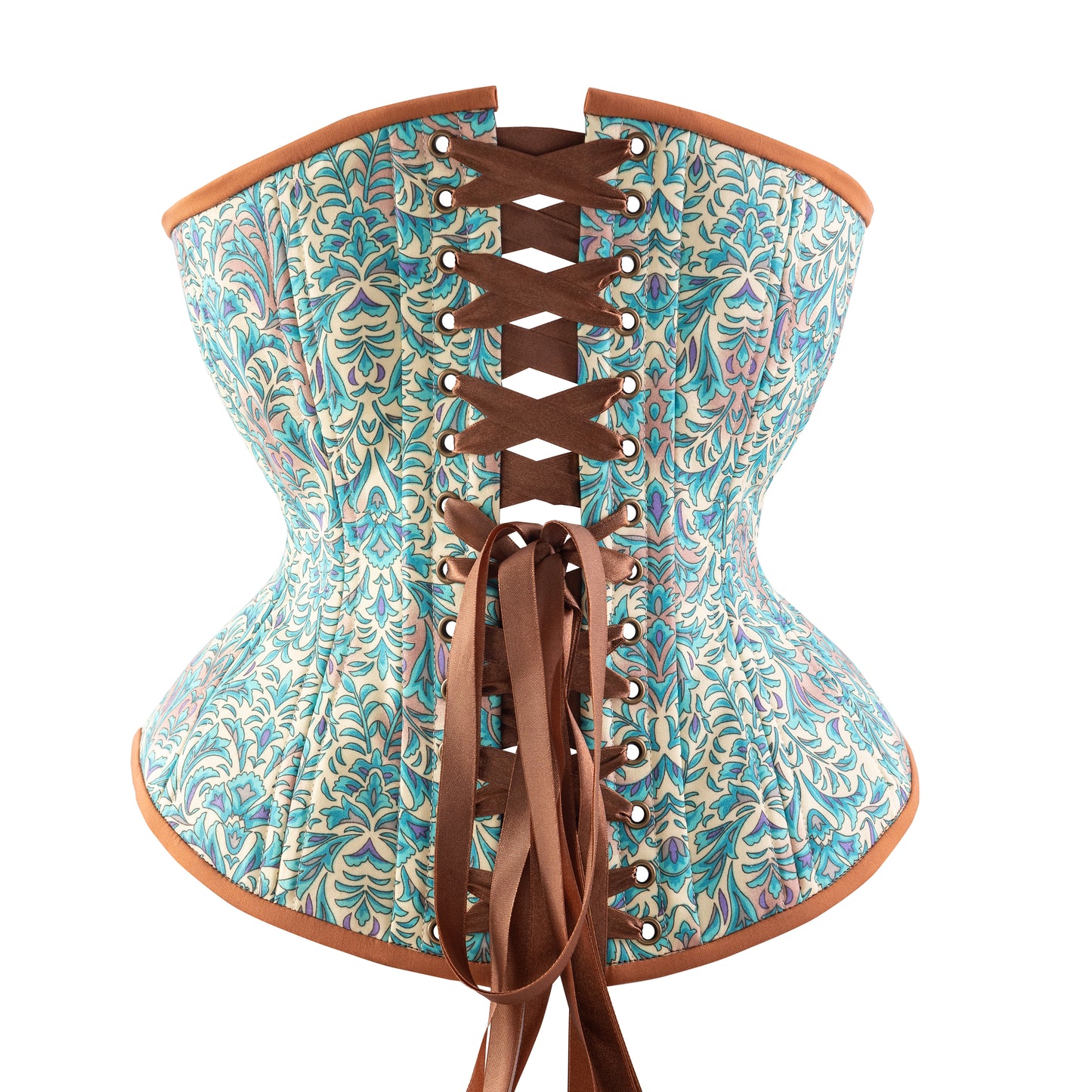 A bohemian style teal hourglass corset with brown trim and floral cotton print, back view with brown ribbon lacing.