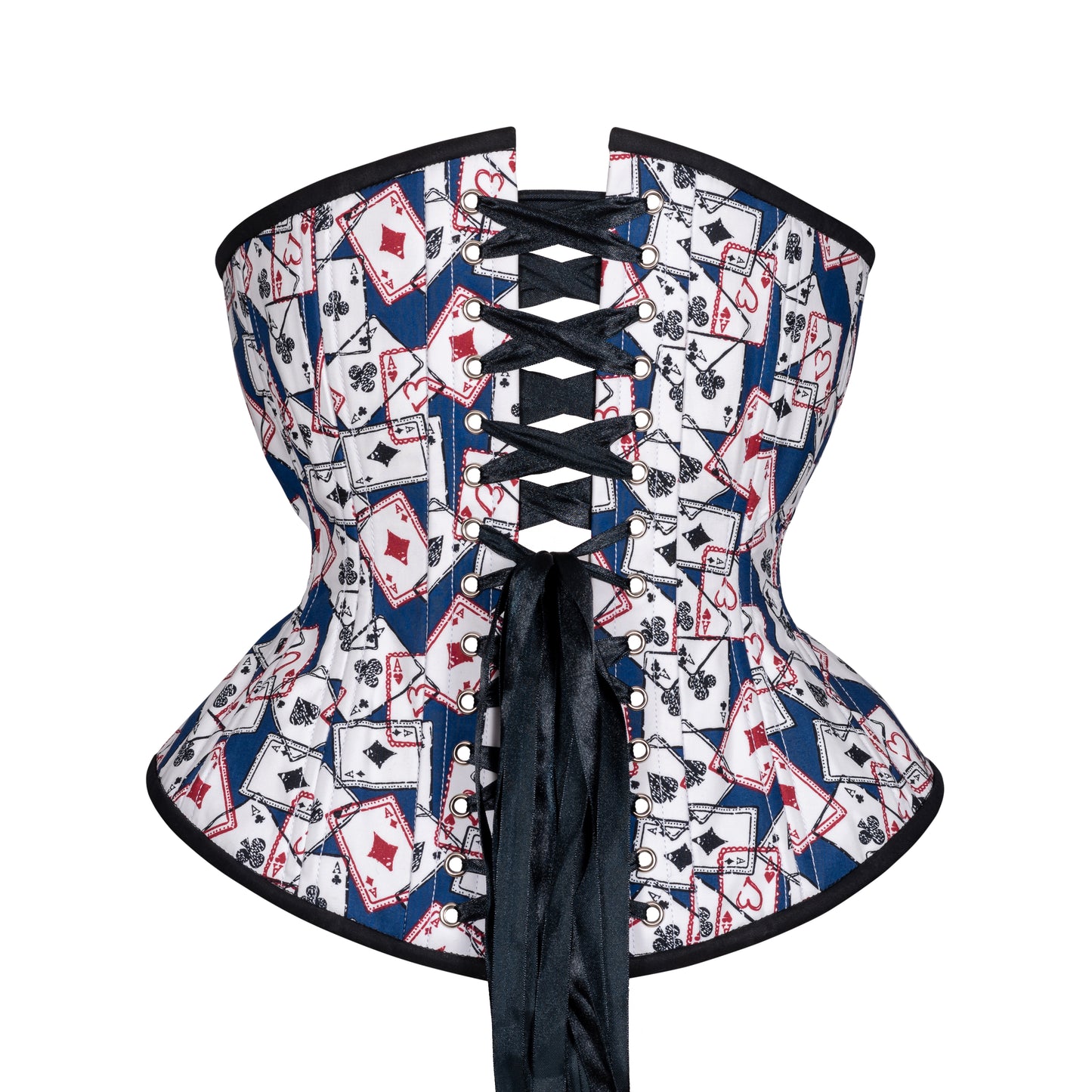 A cotton corset with Ace playing cards (all suits) on dark blue background, hourglass silhouette, regular underbust length, back view with black ribbon lacing