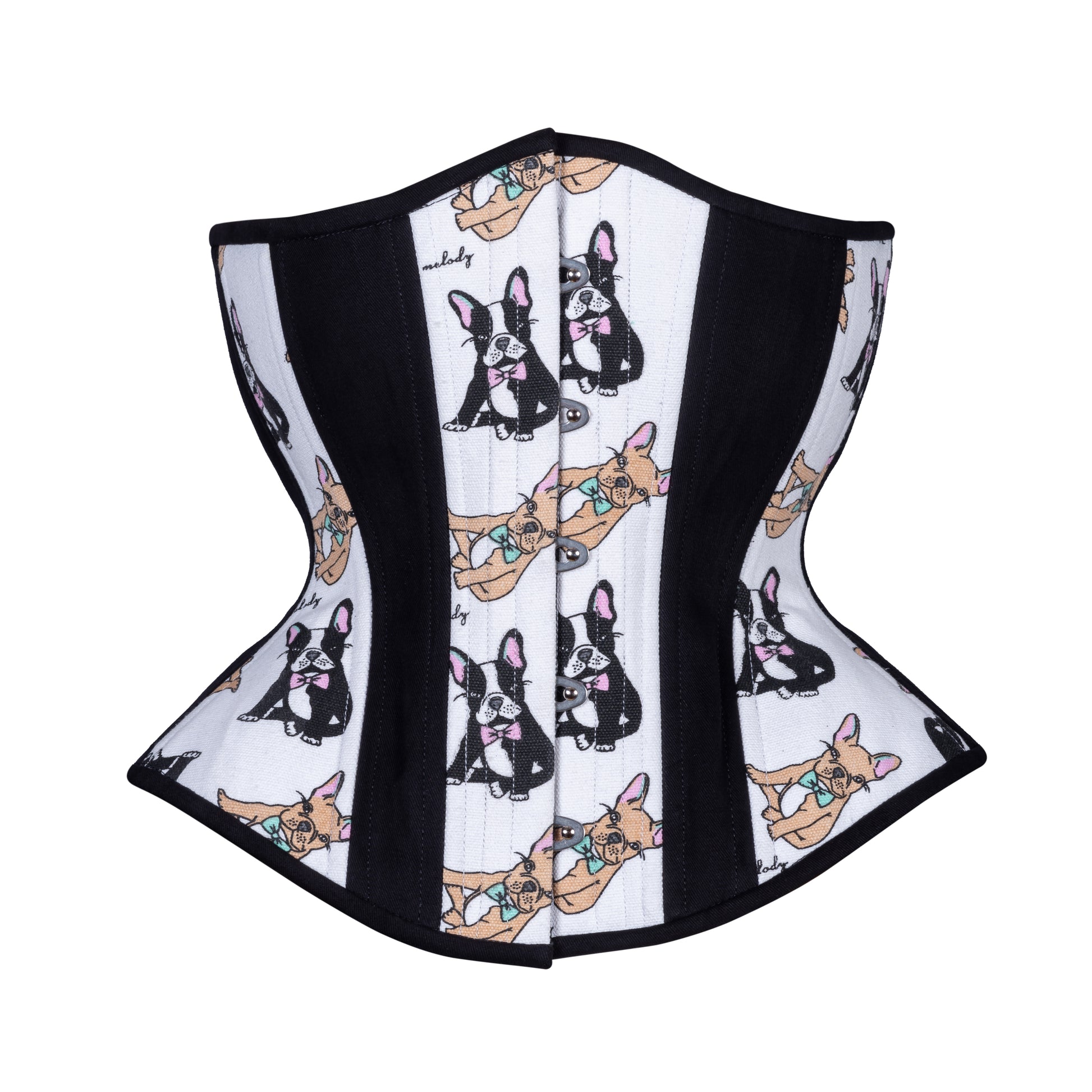 A white cotton corset with a black trim and lacing, featuring a printed pattern of French Bulldogs in black and white colors.