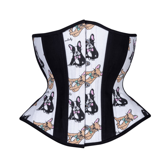 A white cotton corset with a black trim and lacing, featuring a printed pattern of French Bulldogs in black and white colors.