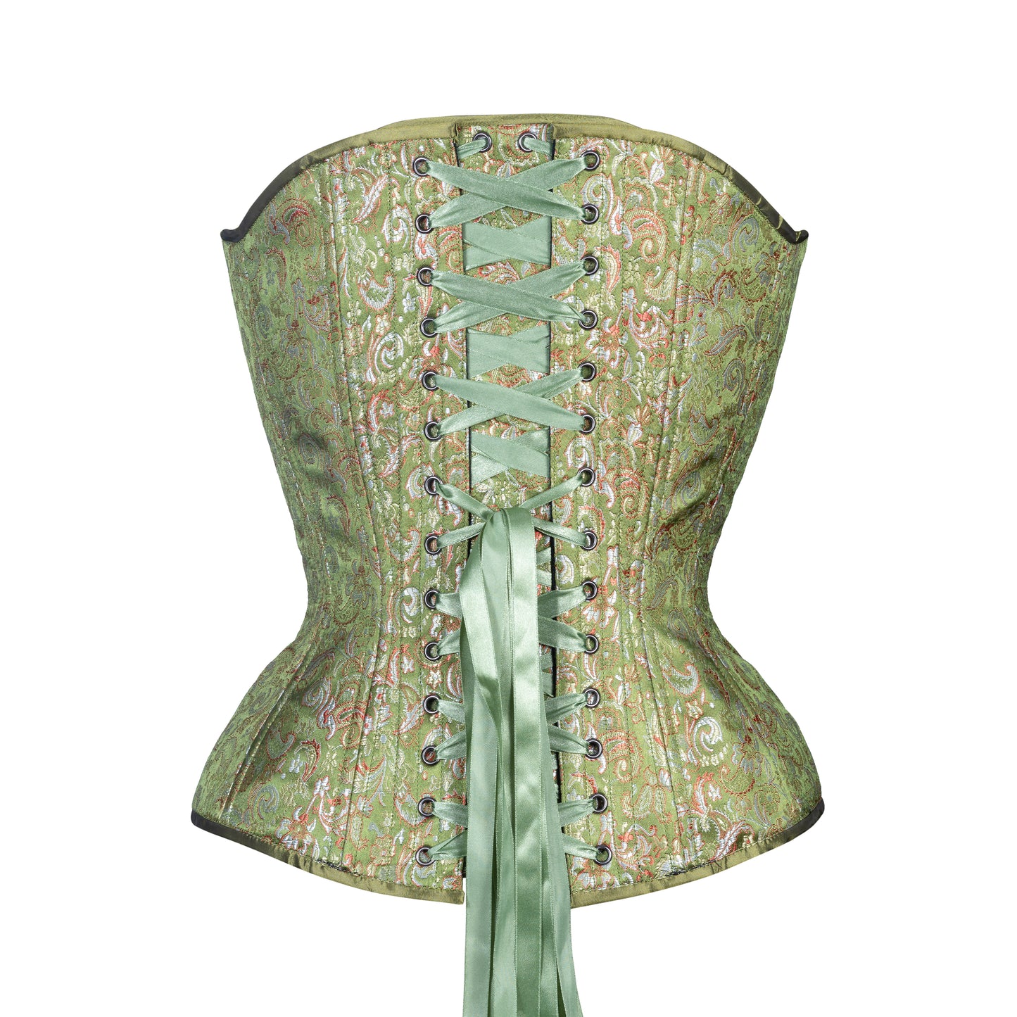 Green Brocade Overbust Corset, Hourglass Silhouette, NEW