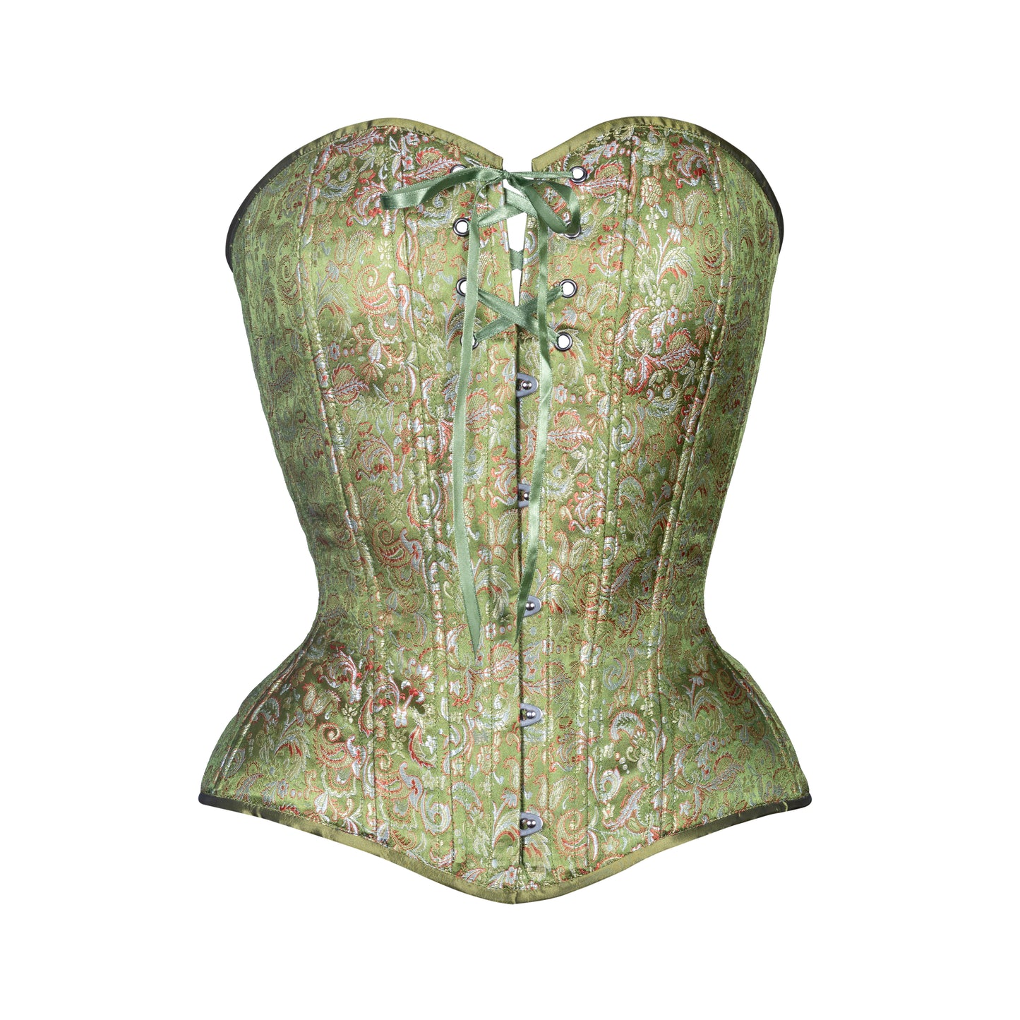 Green Brocade Overbust Corset, Hourglass Silhouette, NEW