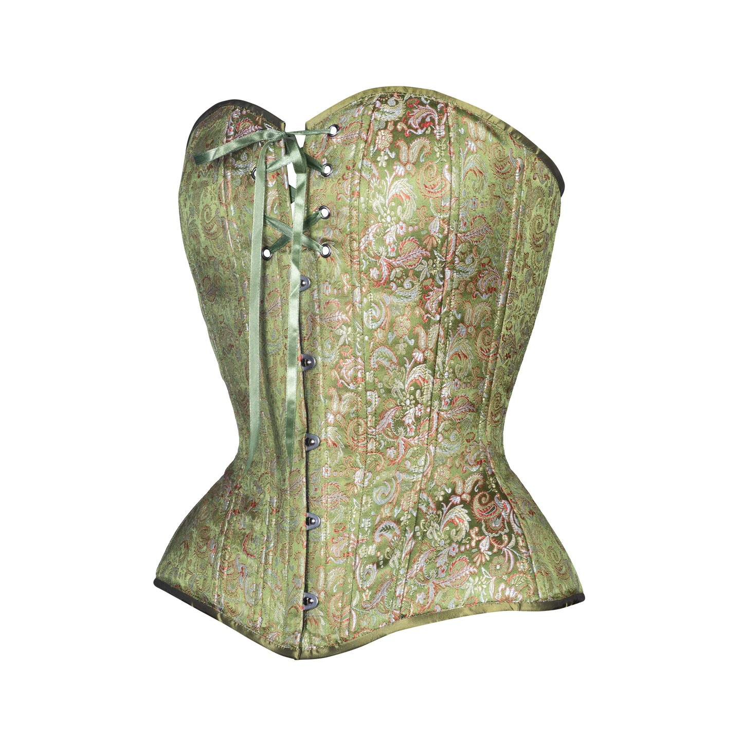 Green Brocade Overbust Corset, Hourglass Silhouette, NEW