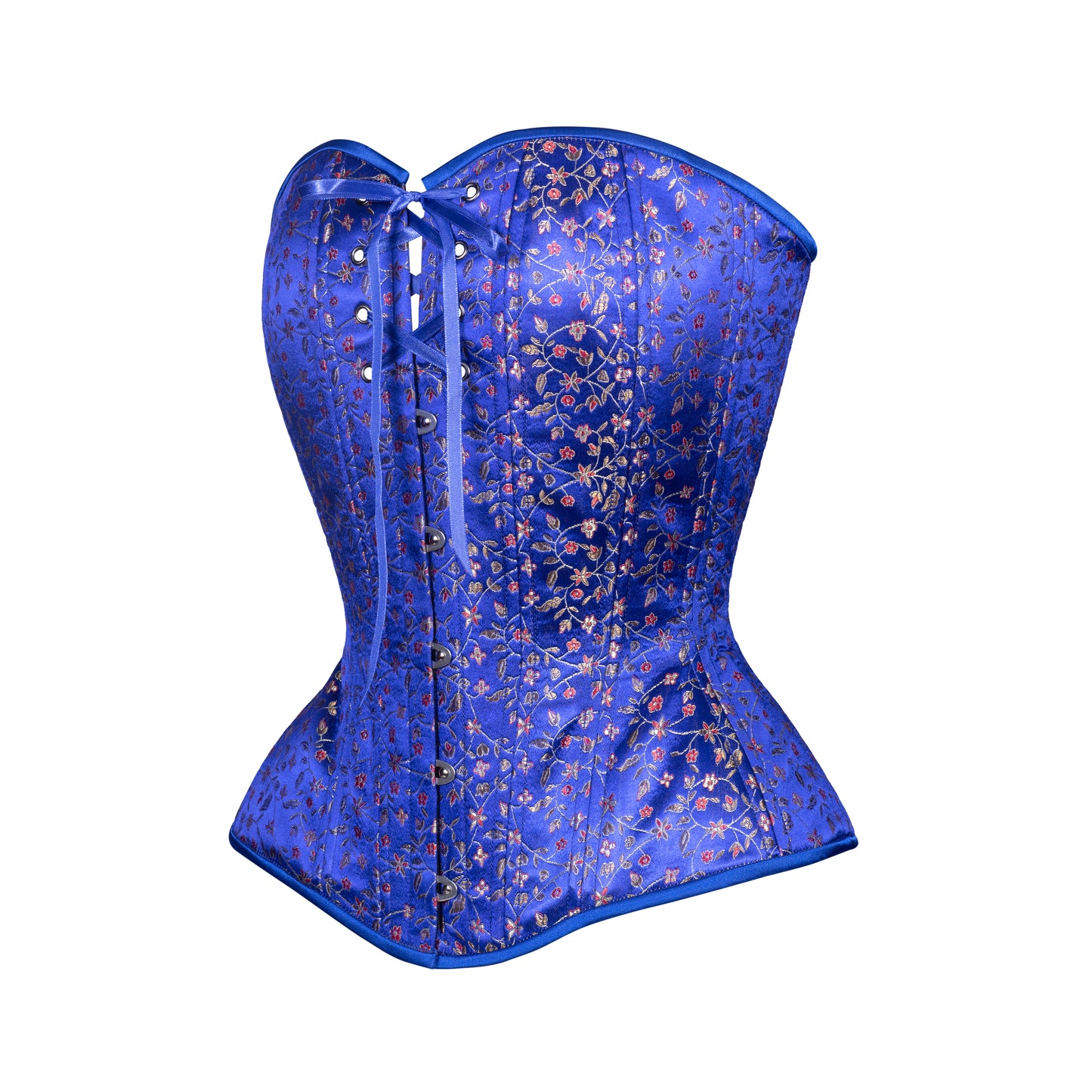 Indigo Blue Floral Brocade Overbust Corset, Hourglass Silhouette, NEW