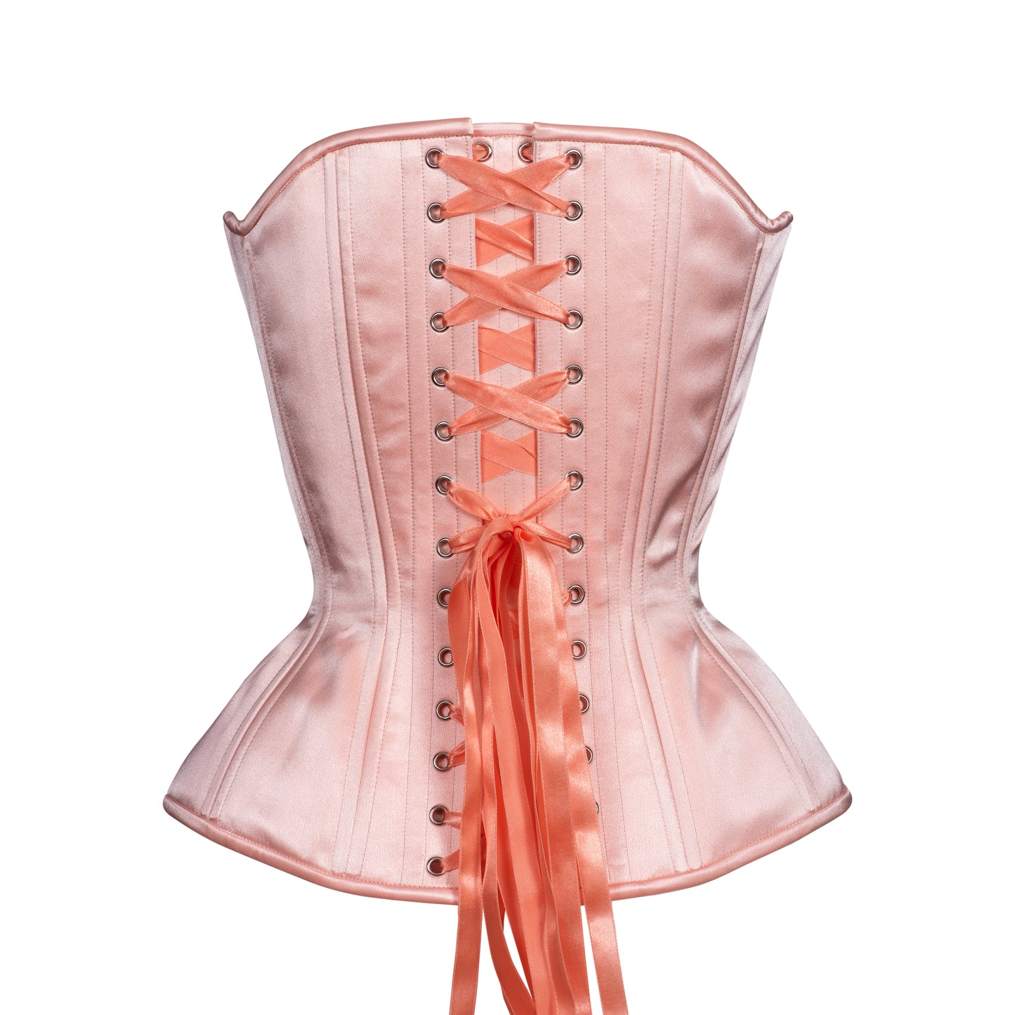 Peach Blossom, a soft peach satin corset, hourglass silhouette, sweetheart overbust with adjustable bust lacing, back view with peach ribbon lacing