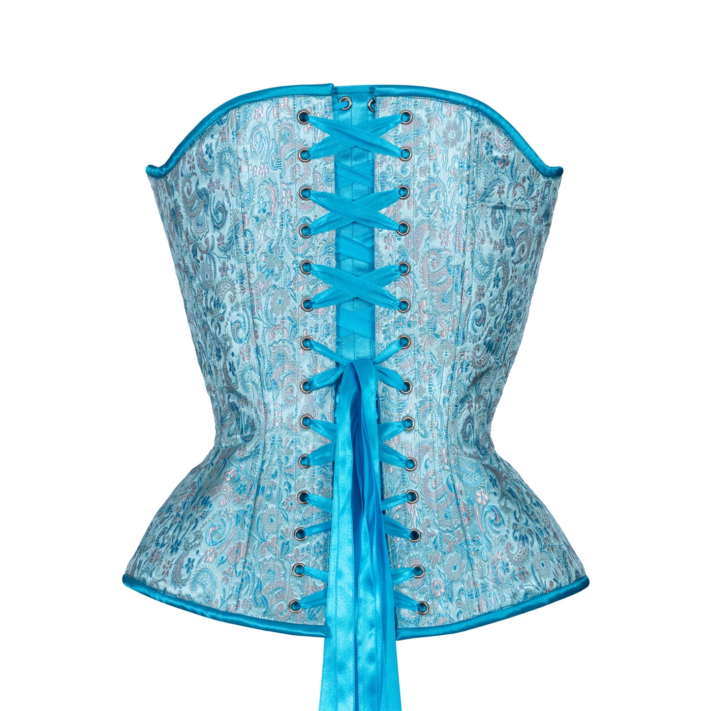 Teal and Mauve Brocade Overbust Corset, Hourglass Silhouette, Regular