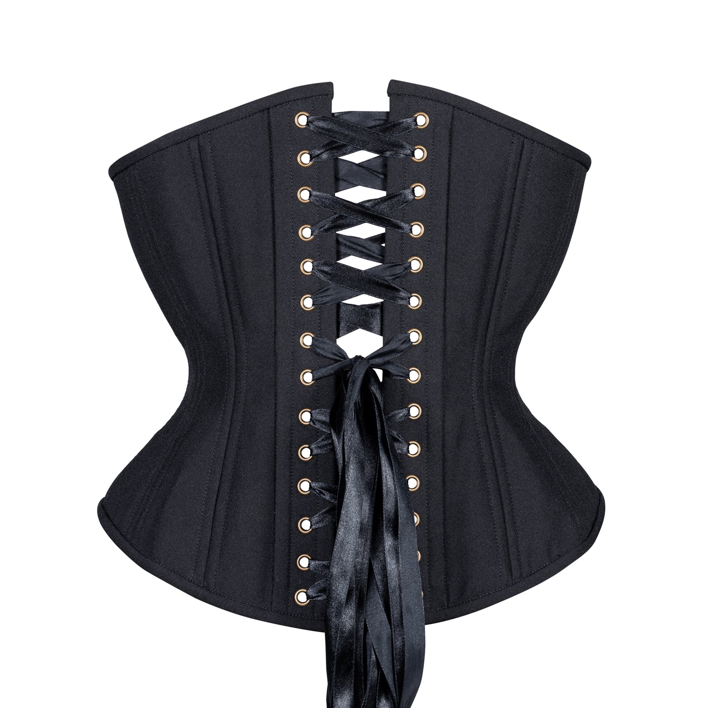 Black Berry Rose, a corset with dusty pink rosebud lace over the front of a black textured peau de soie, hourglass silhouette, regular underbust length, back view with black ribbon lacing