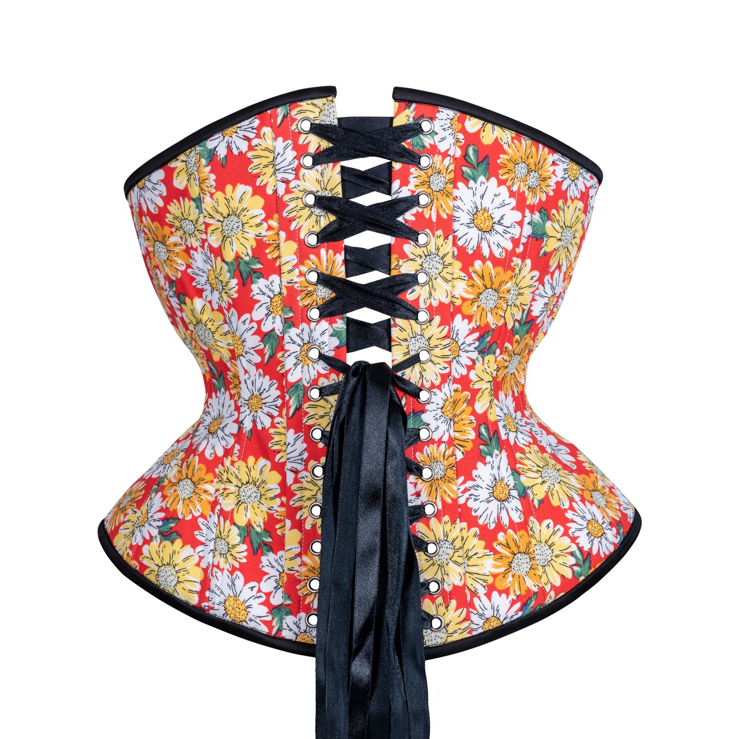 White and yellow vintage style cartoon daisies printed on bright red cotton, hourglass silhouette, regular underbust length, back view with black ribbon lacing