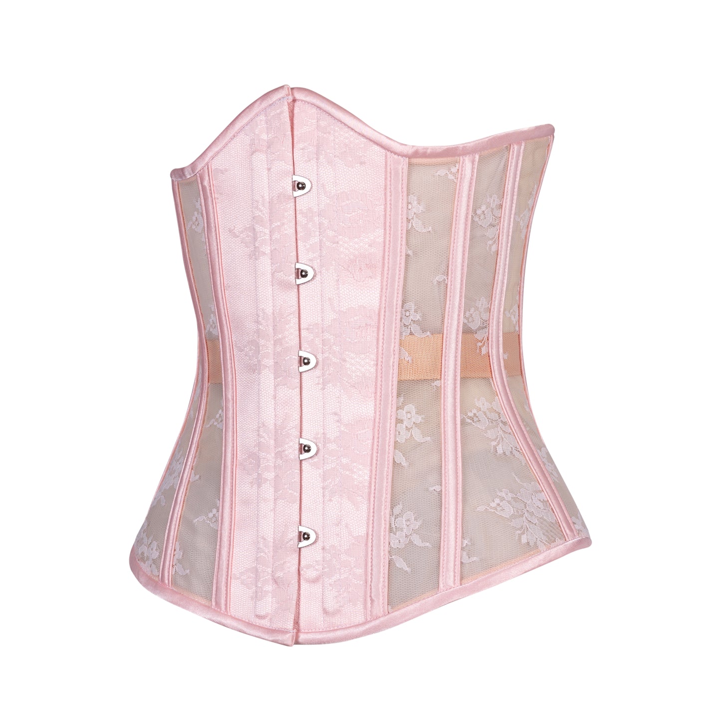 Pink Lace on Beige Mesh Corset, Slim Silhouette, Regular
