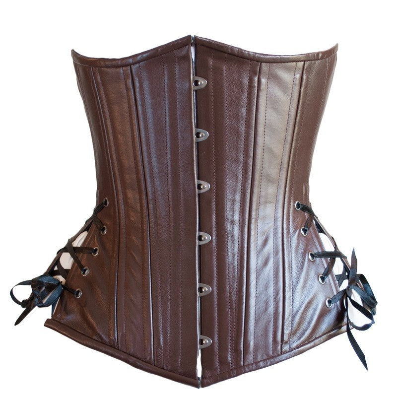 Brown Leather Corset, Slim Silhouette, Long