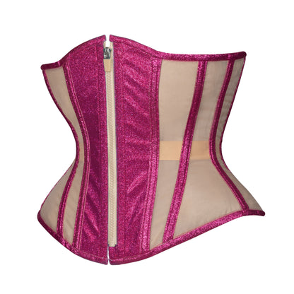 Pink Tourmaline Glitter Mesh Corset, Hourglass Silhouette, Regular