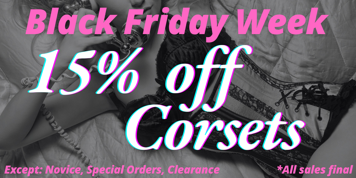 Black Friday sale advertisement for corsets with promotional text overlay.