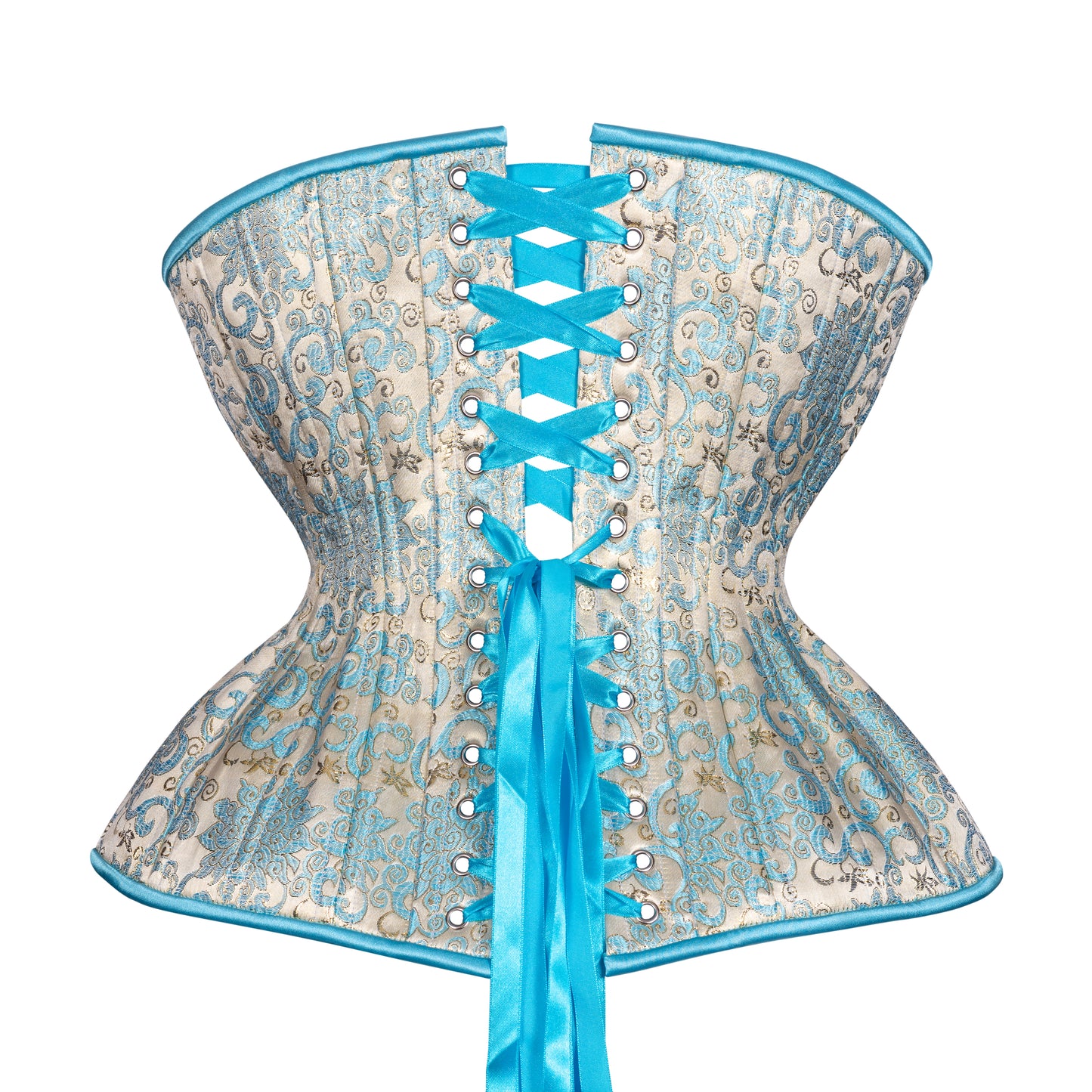 Rococo Blue Brocade Cupped Corset, Gemini Silhouette, Long