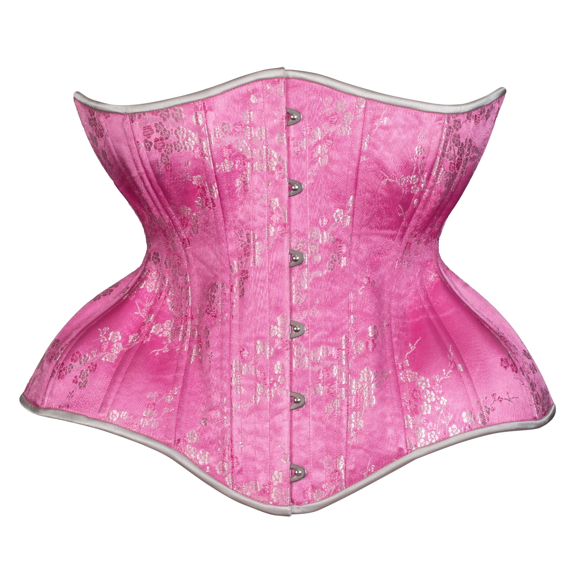 Pink Silver Cherry Blossom Cupped Corset, Gemini Silhouette, Long
