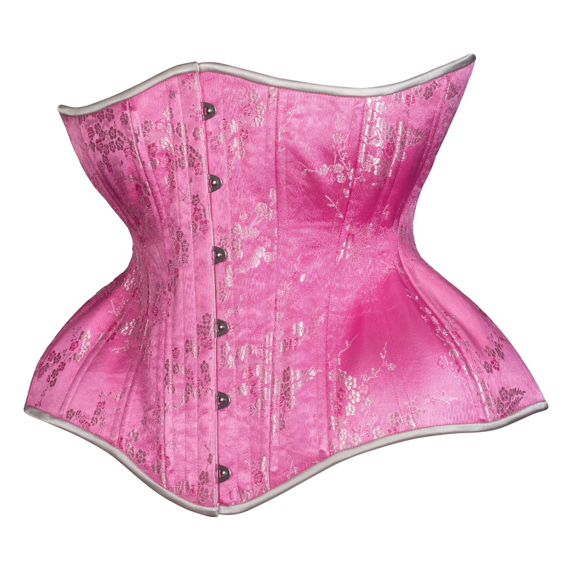 Pink Silver Cherry Blossom Cupped Corset, Gemini Silhouette, Long