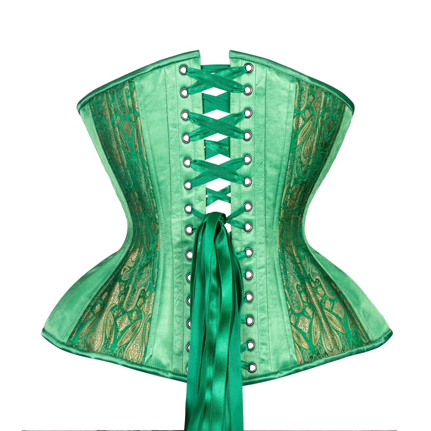 Emerald and gold brocade corset with kelly green satin insert panels, curvy Gemini straight rib silhouette, regular underbust length, back view with green ribbon lacing 
