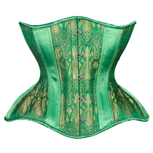 Emerald and gold brocade corset with kelly green satin insert panels, curvy Gemini straight rib silhouette, regular underbust length, front view with busk closure 