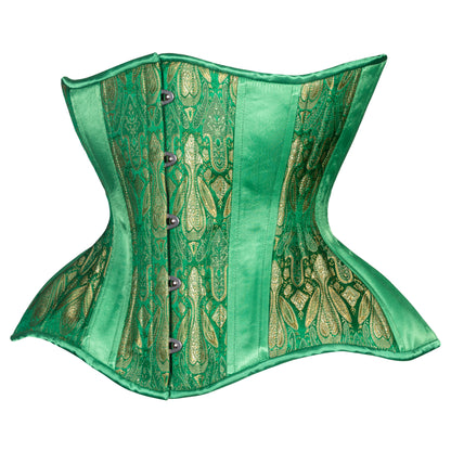 Emerald and gold brocade corset with kelly green satin insert panels, curvy Gemini straight rib silhouette, regular underbust length, side view 