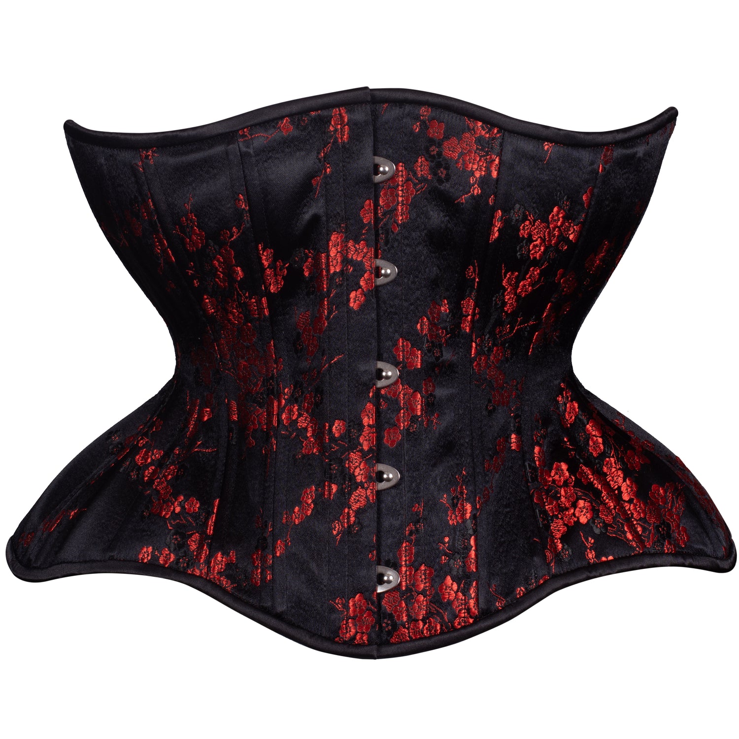 Front View of Red/Black Cherry Blossom Gemini Corset with silver busk