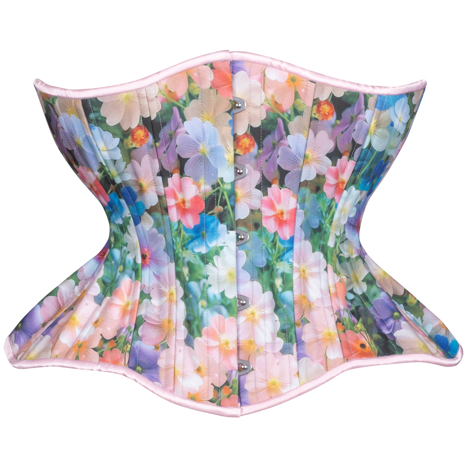 Floral-patterned corset with pink laces and pink hip ties on a white background. Front View 