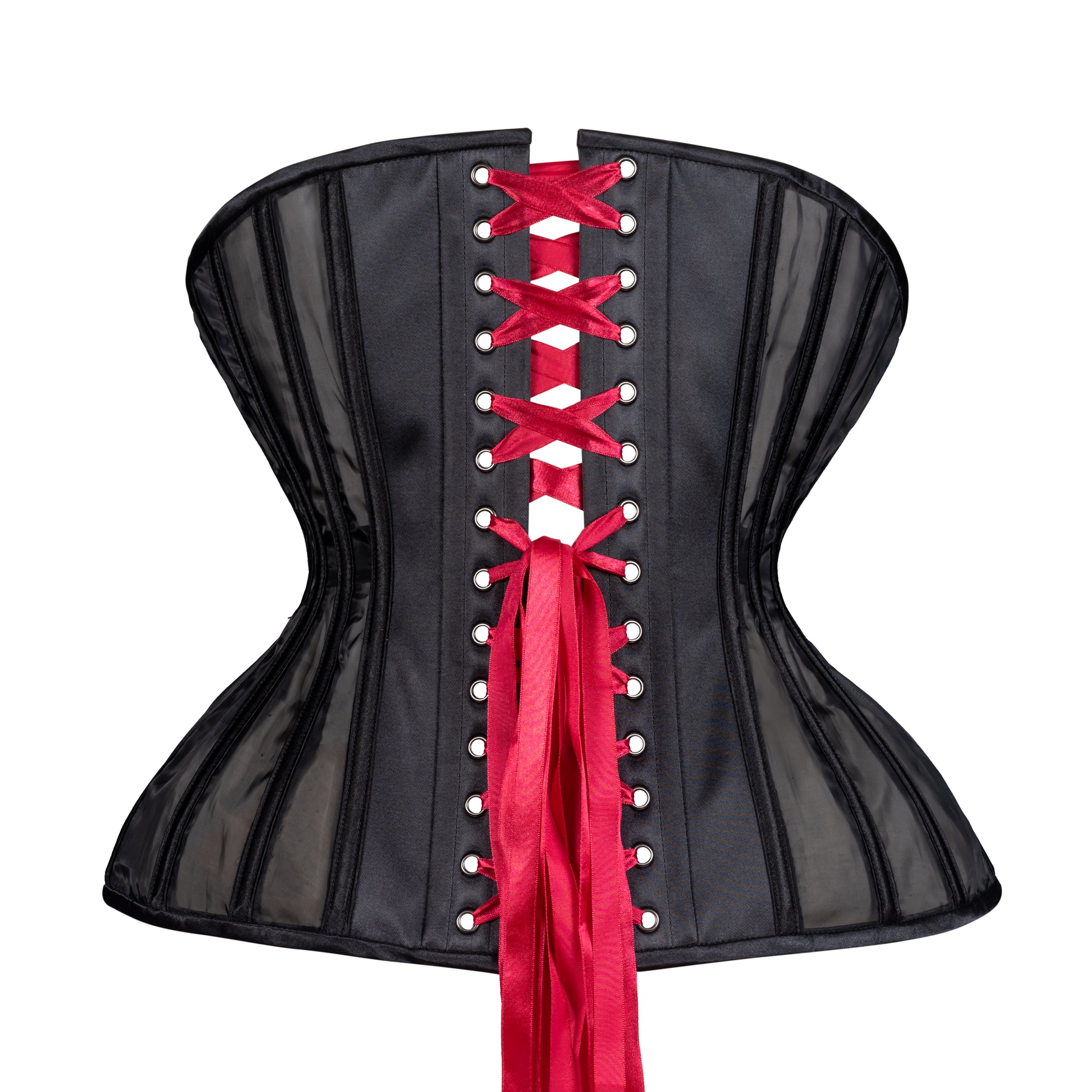 Burgundy Lace and Black Mesh Straight Corset, Gemini Silhouette, Long