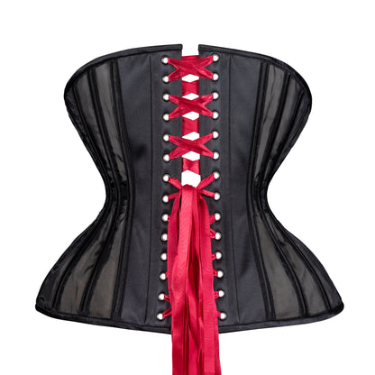 Burgundy Lace and Black Mesh Straight Corset, Gemini Silhouette, Long