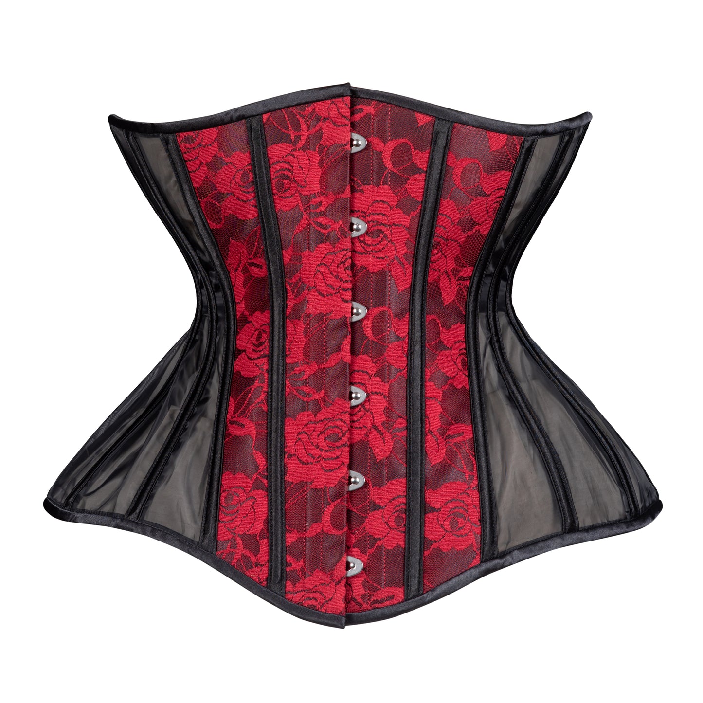 Burgundy Lace and Black Mesh Straight Corset, Gemini Silhouette, Long