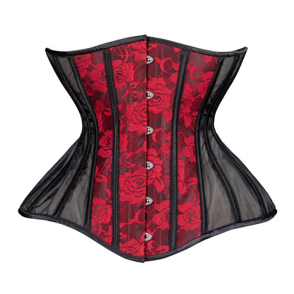 Burgundy Lace and Black Mesh Straight Corset, Gemini Silhouette, Long