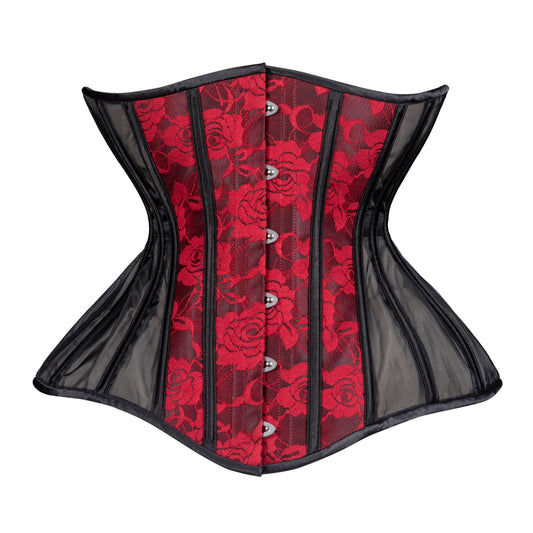 Burgundy Lace and Black Mesh Straight Corset, Gemini Silhouette, Long
