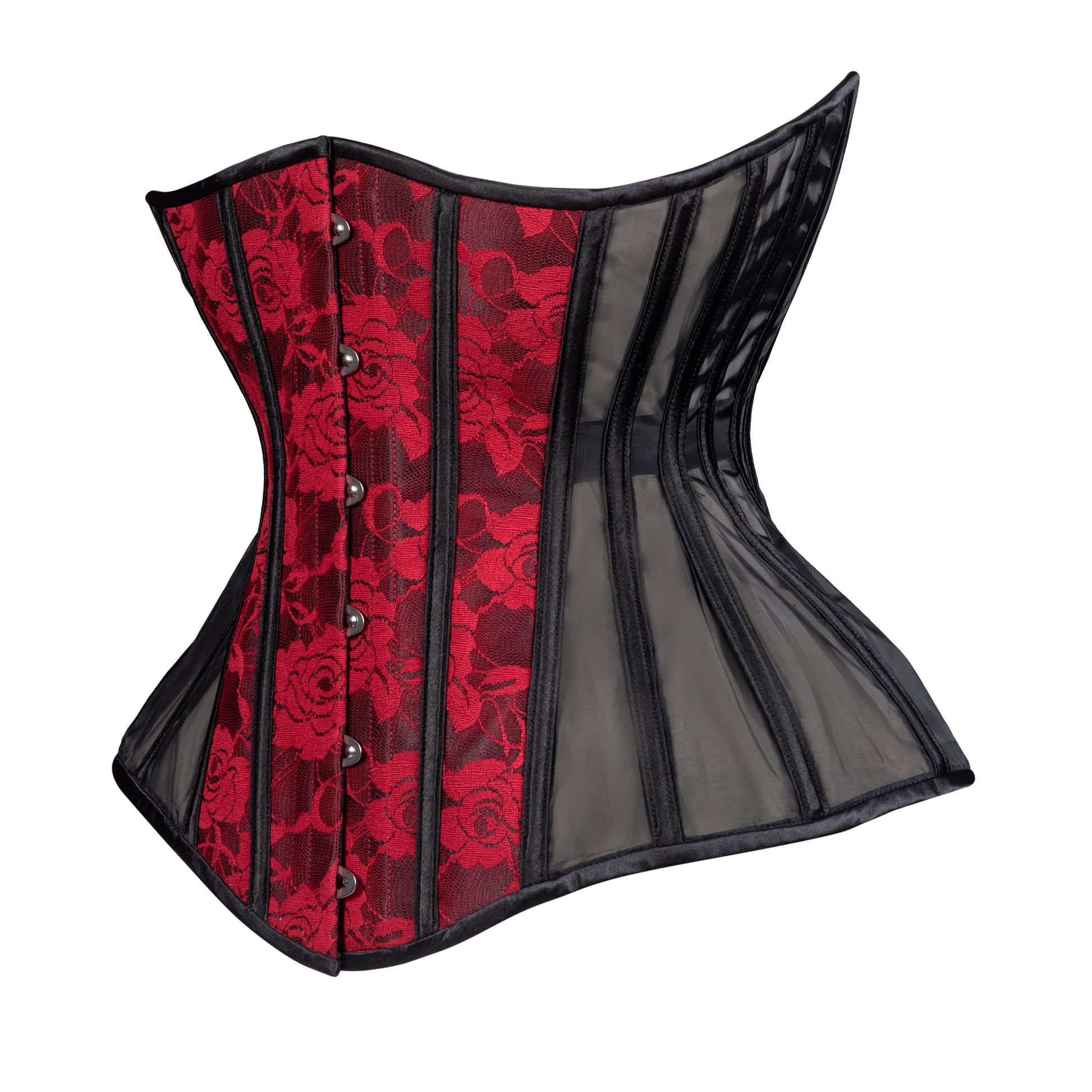 Burgundy Lace and Black Mesh Straight Corset, Gemini Silhouette, Long