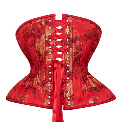 Red corset with floral patterns on a white background