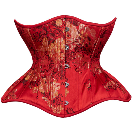 Red floral corset on a white background