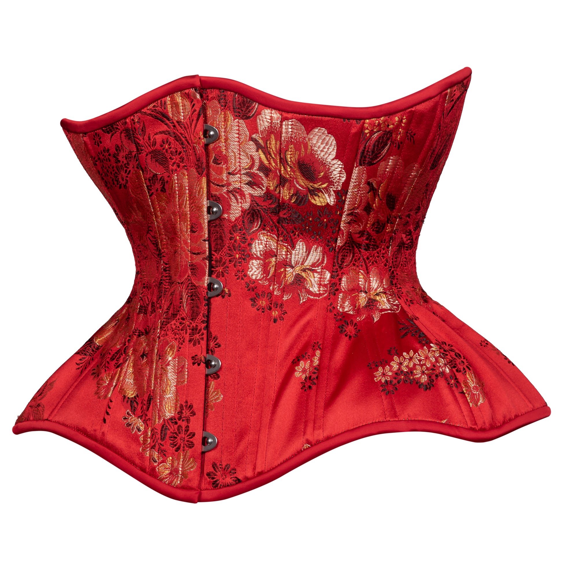 Red corset with floral embroidery on a white background